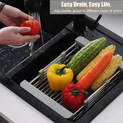 Adjustable Length Kitchen Sink Drain Basket Dish Drainer