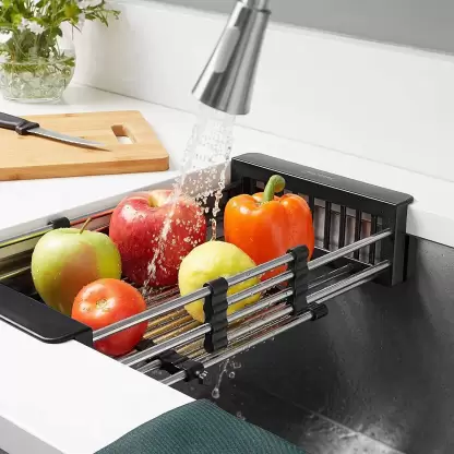 Expandable Stainless Steel Dish Rack Drainer Adjustable Vegetable Fruit  Drain Basket Kitchen Dish Drying Rack Over Sink