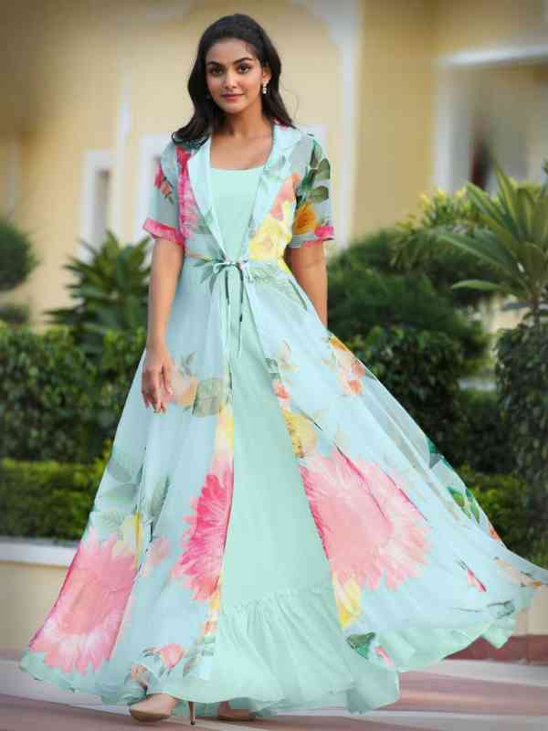 Blue Georgette Gown In Floral Print Indo Western 313GW01