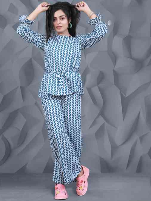 Women Sky Blue Cotton Printed Night Suit Set-FAR137