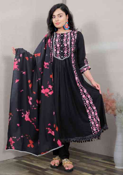 Black And Red Kurti Pant With Dupatta Set For Women And Girls