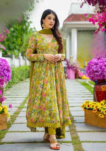 Premium Rayon Printed Ladies Stylish Gown, Mustard & Peacock Blue at Rs  1495/piece in Delhi