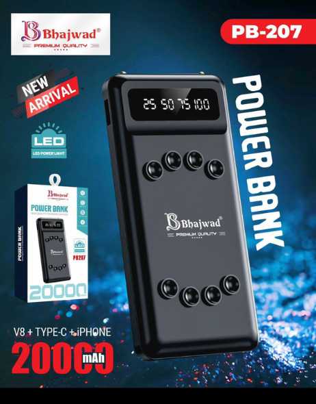 Bhajwad Power Bank 20000mAh - High-Speed, LED Display, Dual Torch, 4  Built-in Cables